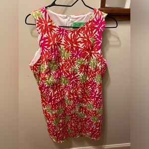 Cappagallo pink green and white sheath dress with scalloped sleeve & hem.Size 12